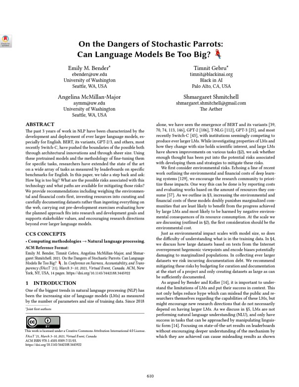 On the Dangers of Stochastic Parrots: Can Language Models Be Too Big?