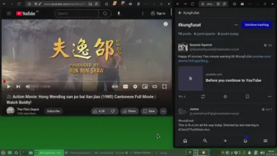Screenshot of watch party. Left: web browser window with Youtube window showing film. Right: web browser window  with Mastodon.
