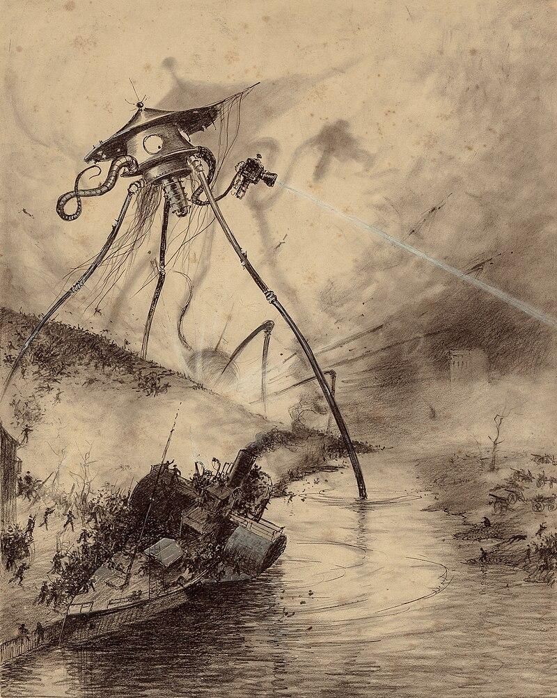 Alien invasion featured in the novel The War of the Worlds (1897) by H. G. Wells, illustrated by Henrique Alvim Corrêa in 1906.
A towering Martian tripod dominates the composition, its spindly, mechanical legs stretching across the ground. At its apex sits the rounded, bulbous body of the machine, from which long, flexible appendages extend like probing tentacles. The tripod looms over fleeing human figures, who appear small, fragile, and panicked in contrast to the immense alien war machine.
https://en.wikipedia.org/wiki/Science_fiction#/media/File:The_War_of_the_Worlds_by_Henrique_Alvim_Corr%C3%AAa,_original_graphic_15.jpg Alien invasion featured in the novel The War of the Worlds (1897) by H. G. Wells, illustrated by Henrique Alvim Corrêa in 1906.
A towering Martian tripod dominates the composition, its spindly, mechanical legs stretching across the ground. At its apex sits the rounded, bulbous body of the machine, from which long, flexible appendages extend like probing tentacles. The tripod looms over fleeing human figures, who appear small, fragile, and panicked in contrast to the immense alien war machine.
https://en.wikipedia.org/wiki/Science_fiction#/media/File:The_War_of_the_Worlds_by_Henrique_Alvim_Corr%C3%AAa,_original_graphic_15.jpg