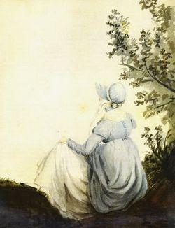 Back-view watercolour of Jane Austen by her sister Cassandra Austen, 1804.
The small, delicate sketch shows Jane Austen seated, turned away from the viewer. She wears a high-waisted gown with a bonnet tied under her chin and a soft scarf or ribbon draped around her shoulders. 
https://en.wikipedia.org/wiki/Jane_Austen#/media/File:JaneAustenCassandraWatercolour.jpg Back-view watercolour of Jane Austen by her sister Cassandra Austen, 1804.
The small, delicate sketch shows Jane Austen seated, turned away from the viewer. She wears a high-waisted gown with a bonnet tied under her chin and a soft scarf or ribbon draped around her shoulders. 
https://en.wikipedia.org/wiki/Jane_Austen#/media/File:JaneAustenCassandraWatercolour.jpg