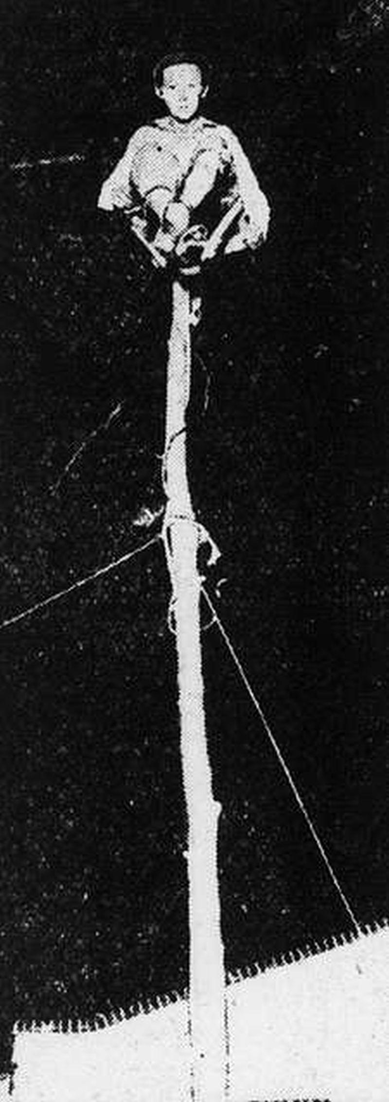 "Original caption: Avon O. Foreman. Fifteen years old, Baltimore, who is attempting to set a new world record for flag pole sitting. He is shown perched on top of the 18-foot pole in the back yard of his home. He started yesterday and expects to remain on his perch for 10 days." - picryl.com "Original caption: Avon O. Foreman. Fifteen years old, Baltimore, who is attempting to set a new world record for flag pole sitting. He is shown perched on top of the 18-foot pole in the back yard of his home. He started yesterday and expects to remain on his perch for 10 days." - picryl.com