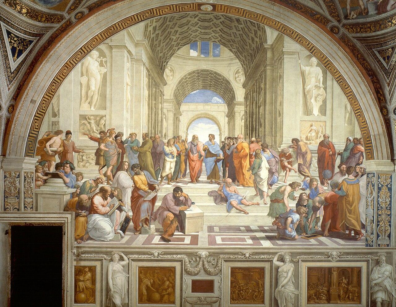 The School of Athens
Raphael - Stitched together from vatican.va
It depicts an idealized gathering of ancient philosophers, scientists, and mathematicians engaged in dialogue. Central figures Plato and Aristotle stand beneath a grand architectural arch, symbolizing reason and knowledge.
https://en.wikipedia.org/wiki/The_School_of_Athens#/media/File:%22The_School_of_Athens%22_by_Raffaello_Sanzio_da_Urbino.jpg The School of Athens
Raphael - Stitched together from vatican.va
It depicts an idealized gathering of ancient philosophers, scientists, and mathematicians engaged in dialogue. Central figures Plato and Aristotle stand beneath a grand architectural arch, symbolizing reason and knowledge.
https://en.wikipedia.org/wiki/The_School_of_Athens#/media/File:%22The_School_of_Athens%22_by_Raffaello_Sanzio_da_Urbino.jpg