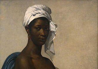 Portrait of Madeleine, also known as Portrait of a Black Woman (French: Portrait d'une femme noire or Portrait d'une negresse), is an oil-on-canvas painting by the French artist Marie-Guillemine Benoist, created in 1800.
It depicts a young black woman, sitting in a gilt armchair mostly covered with a blue cloth, in front of a plain light background. She is seated in a three-quarter position towards her left, but her head turns to look directly at the viewer with a self-assured expression. She is wearing a white cloth tied as a headdress, and a white dress tied with a red cord. The loose end of the headcloth hangs down on the left side of her face, but her right ear is visible with a hoop hearing.
https://en.wikipedia.org/wiki/Portrait_of_Madeleine
https://en.wikipedia.org/wiki/Portrait_of_Madeleine#/media/File:Portrait_d'une_femme_noire_-_Marie-Guillemine_Benoist_Mus%C3%A9e_du_Louvre_Peintures_INV_2508.jpg Portrait of Madeleine, also known as Portrait of a Black Woman (French: Portrait d'une femme noire or Portrait d'une negresse), is an oil-on-canvas painting by the French artist Marie-Guillemine Benoist, created in 1800.
It depicts a young black woman, sitting in a gilt armchair mostly covered with a blue cloth, in front of a plain light background. She is seated in a three-quarter position towards her left, but her head turns to look directly at the viewer with a self-assured expression. She is wearing a white cloth tied as a headdress, and a white dress tied with a red cord. The loose end of the headcloth hangs down on the left side of her face, but her right ear is visible with a hoop hearing.
https://en.wikipedia.org/wiki/Portrait_of_Madeleine
https://en.wikipedia.org/wiki/Portrait_of_Madeleine#/media/File:Portrait_d'une_femme_noire_-_Marie-Guillemine_Benoist_Mus%C3%A9e_du_Louvre_Peintures_INV_2508.jpg