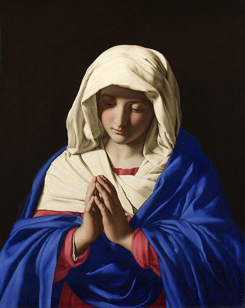 The Virgin in Prayer by Sassoferrato shows the Virgin Mary wearing blue. The Virgin in Prayer by Sassoferrato shows the Virgin Mary wearing blue.